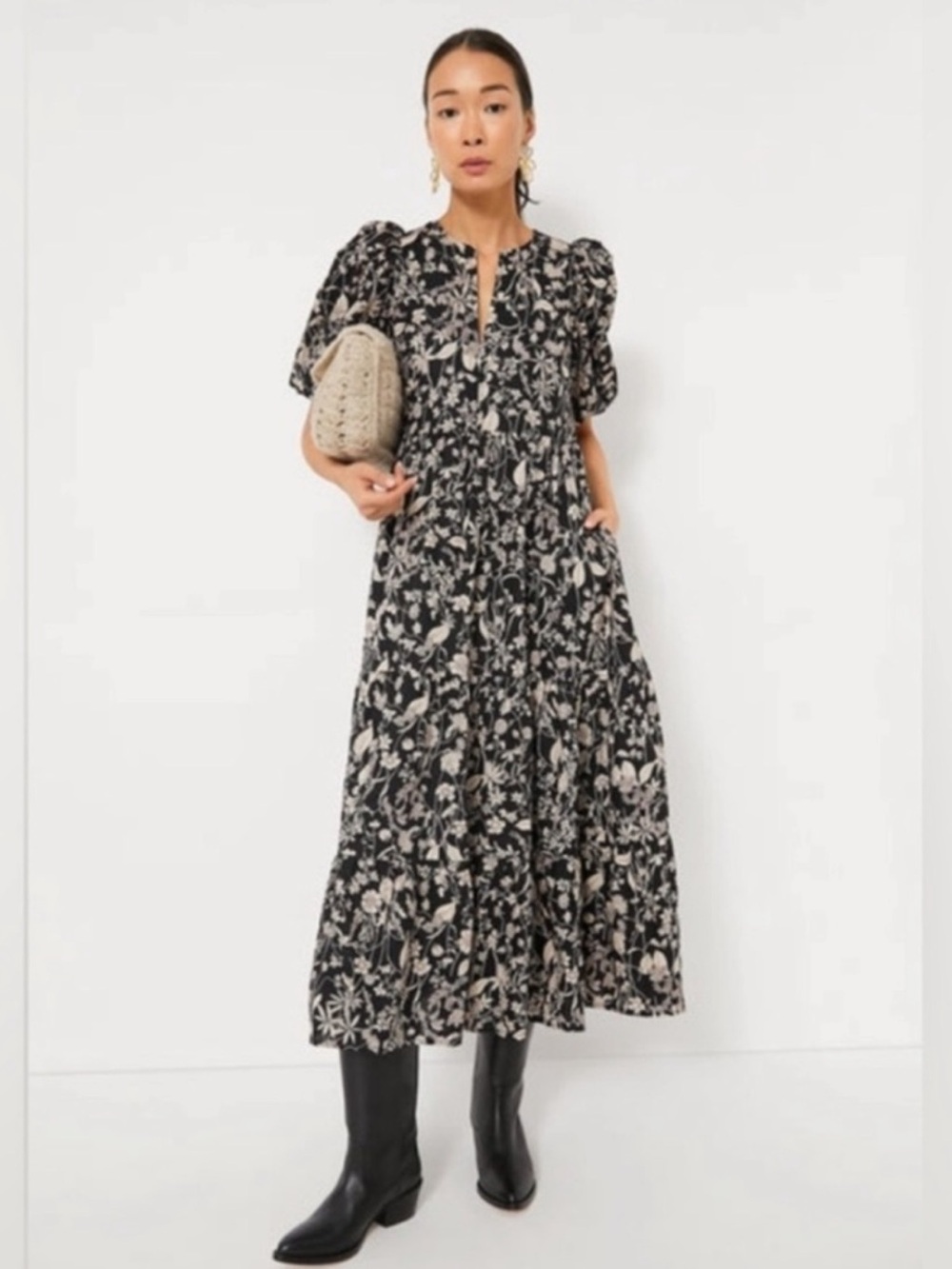 Hyacinth House Tuckernuck Cisco Maxi Dress Size L Black Tan Floral EUC